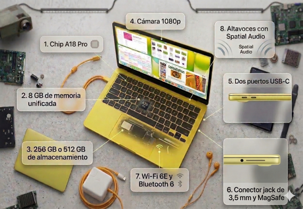 	•	Chip A18 Pro
	•	8 GB de memoria
	•	256 / 512 GB almacenamiento
	•	Cámara 1080p
	•	Wi-Fi 6E
	•	Bluetooth 6
	•	2 puertos USB-C
	•	Jack 3,5 mm