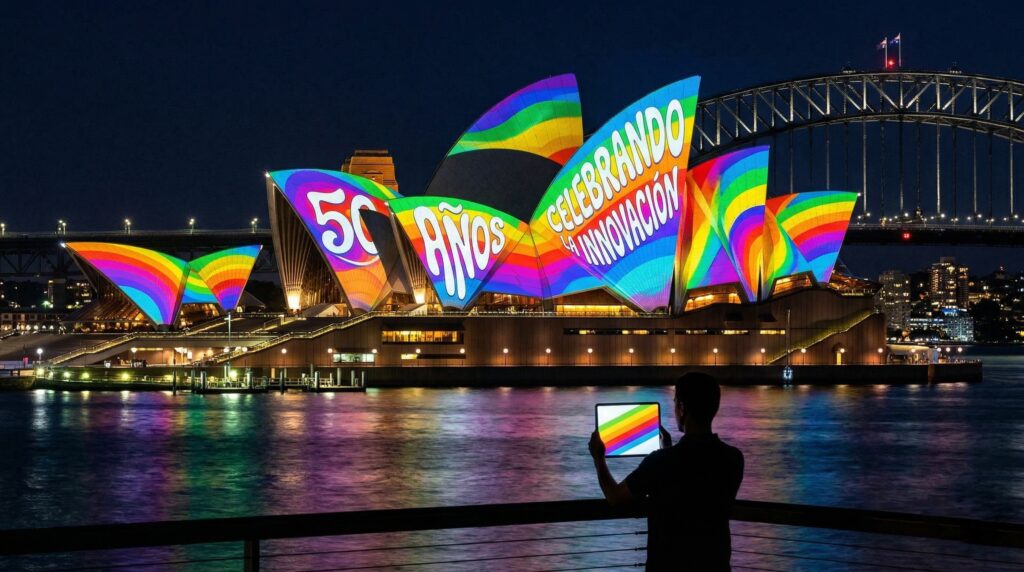 Proyección de arte digital en el Sydney Opera House para el 50 aniversario de Apple con iPad.