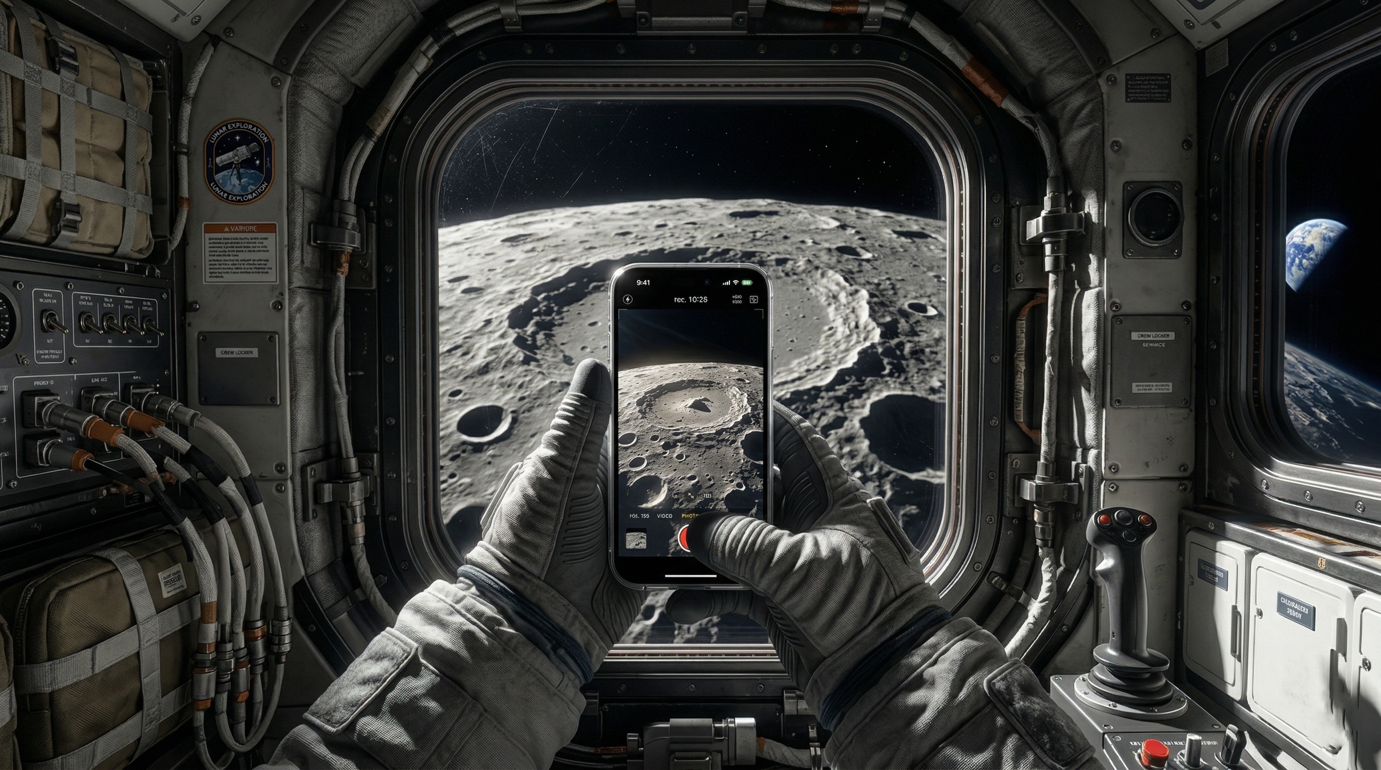 Perspectiva en primera persona de un astronauta de la NASA grabando la superficie lunar con un iPhone desde la ventana de la nave.