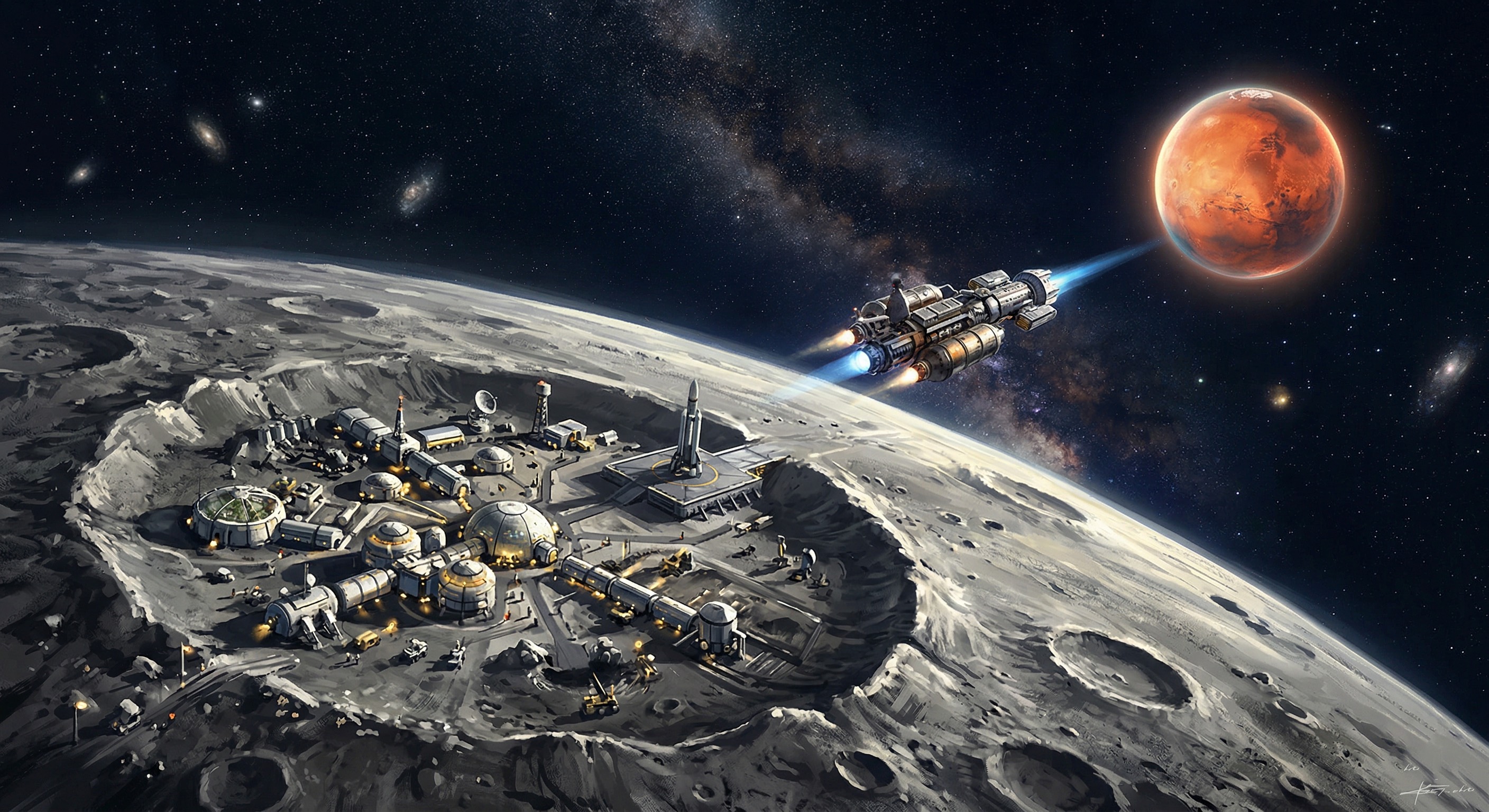 De Apollo a Artemis: Un regreso que cambiará la tecnología para siempre Concepto artístico de la Luna como plataforma de lanzamiento y ensayo general para la futura misión tripulada a Marte.