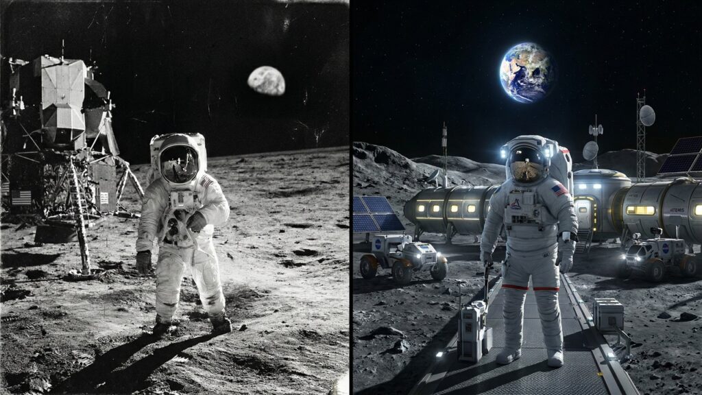 Comparativa visual entre la misión Apollo 11 de 1969 y el programa Artemis de la NASA en la Luna.