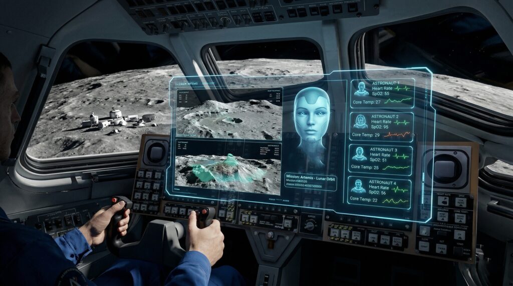 De Apollo a Artemis: Un regreso que cambiará la tecnología para siempre Pantalla digital de la cápsula Orion mostrando algoritmos de visión artificial para el aterrizaje lunar autónomo.
