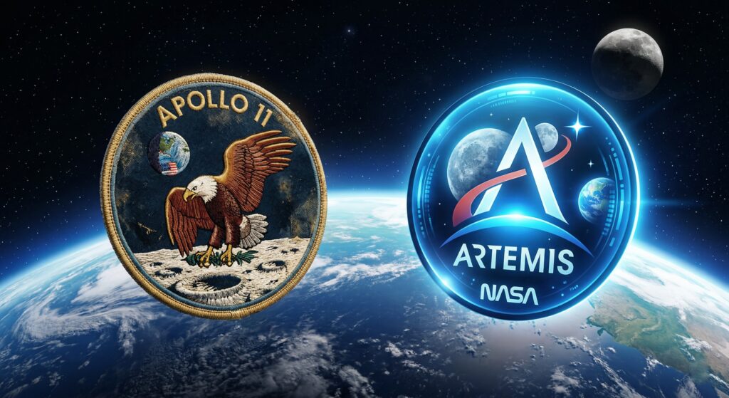 De Apollo a Artemis: Un regreso que cambiará la tecnología para siempre Infografía de los logotipos de las misiones Apollo y Artemis representando el cambio de era en la exploración espacial.