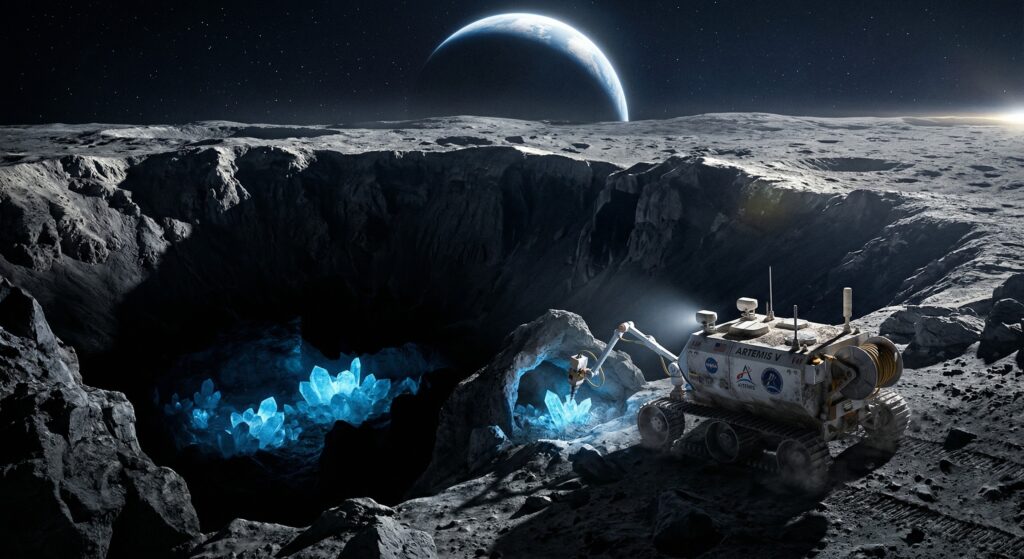 De Apollo a Artemis: Un regreso que cambiará la tecnología para siempre Paisaje del polo sur de la Luna con depósitos de hielo de agua en cráteres de sombra perpetua.