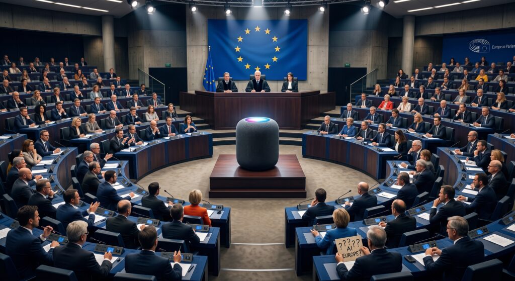 Ilustración de un HomePod en el centro del hemiciclo del Parlamento Europeo