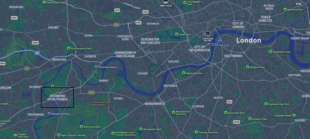 Mapa de Londres con el barrio de Richmond junto al Támesis