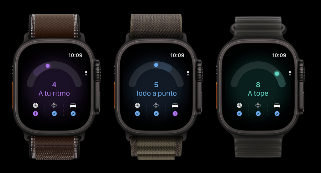 Tres Apple Watch Ultra 4 con la puntuación de disposición: A tu ritmo, Todo a punto y A tope