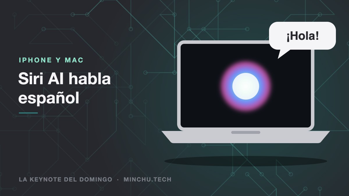 Ilustración de Siri AI en un Mac saludando en español